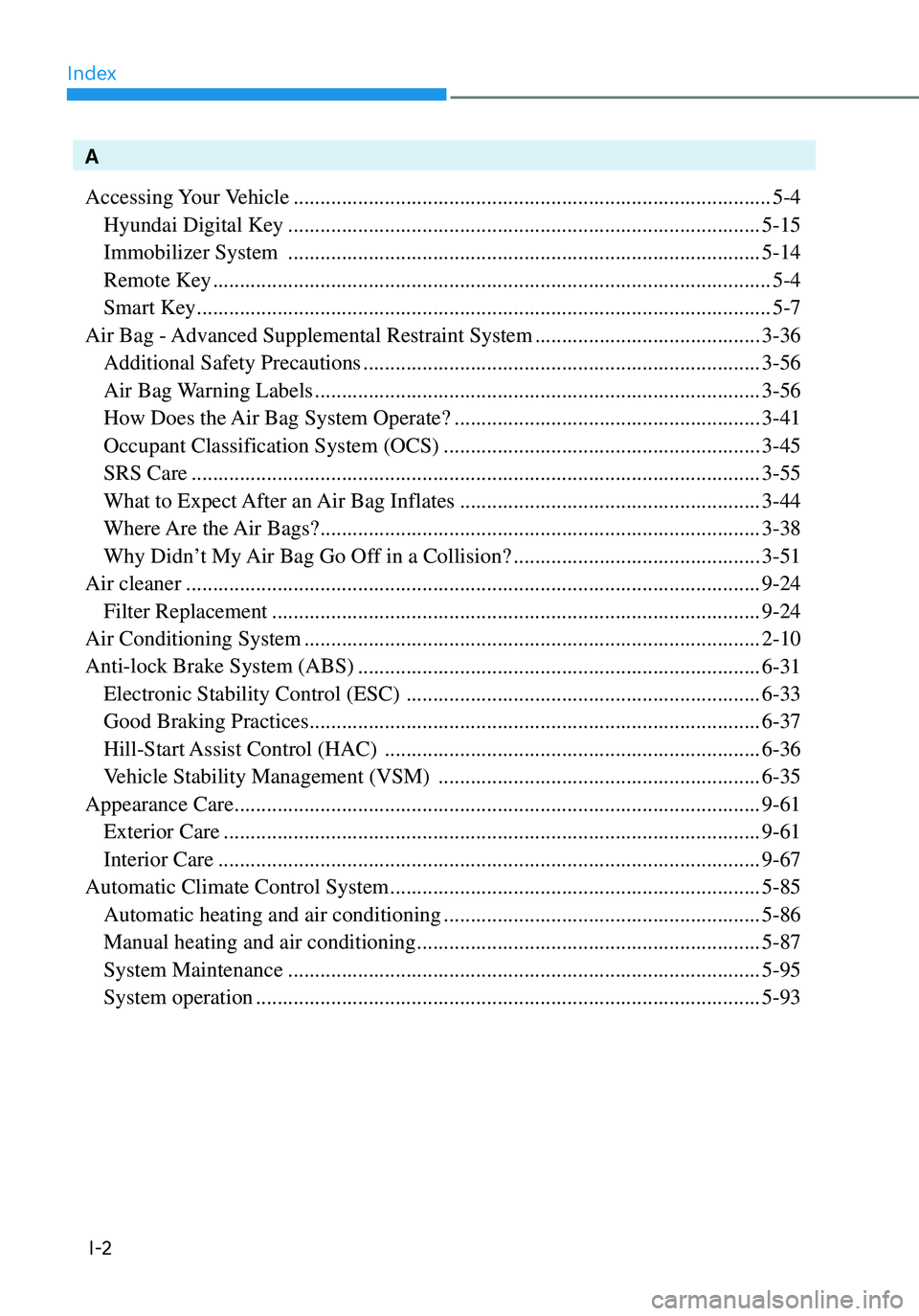 HYUNDAI ELANTRA HYBRID 2021  Owners Manual Index
I-2
A
Accessing Your Vehicle
 ........................................................................\
.................5-4
 Hyundai Digital Key ................................................