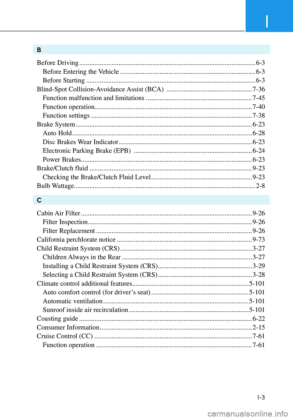 HYUNDAI ELANTRA HYBRID 2021  Owners Manual I
I-3
B
Before Driving
 ........................................................................\
...............................6-3
 Before Entering the Vehicle ......................................