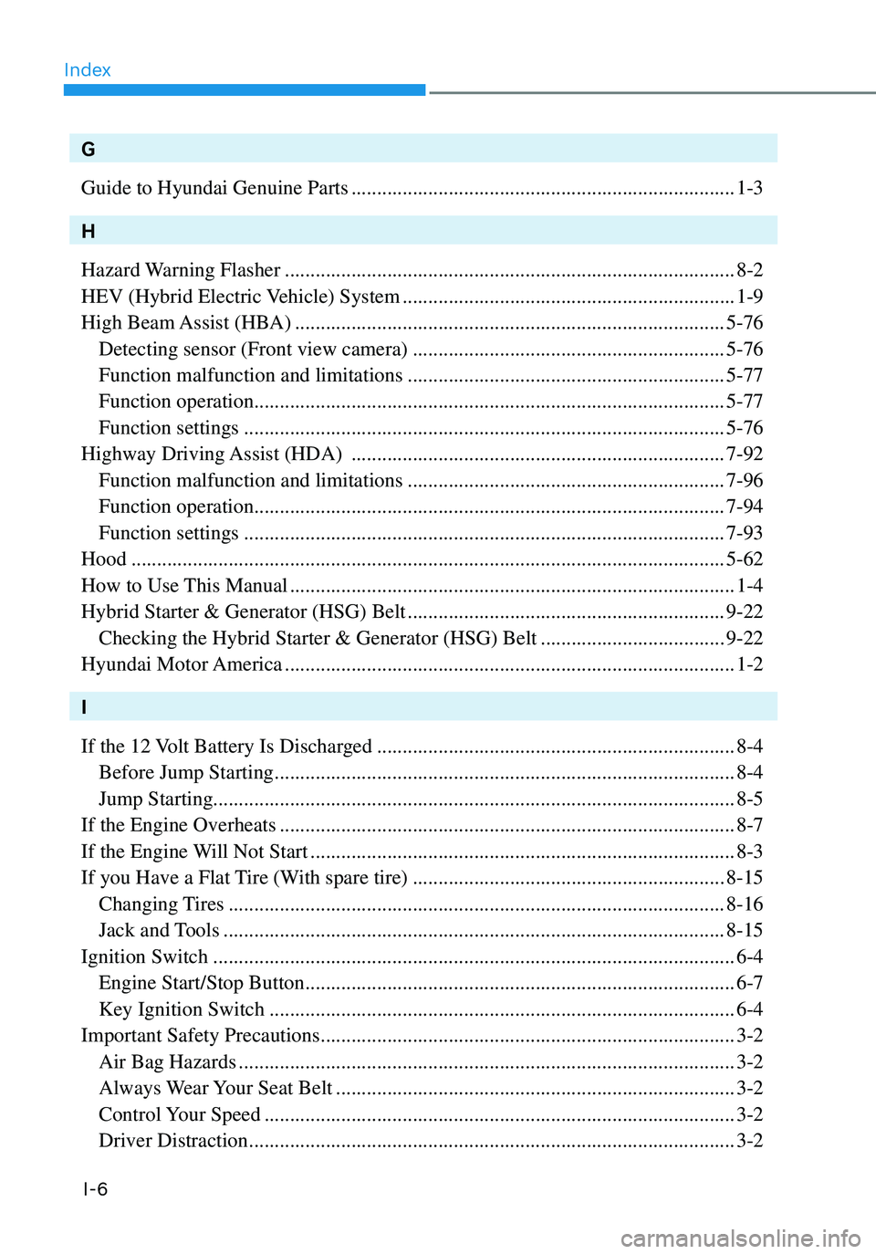 HYUNDAI ELANTRA HYBRID 2021  Owners Manual Index
I-6
G
Guide to Hyundai Genuine Parts
 ........................................................................\
...1-3
H
Hazard Warning Flasher
 .................................................