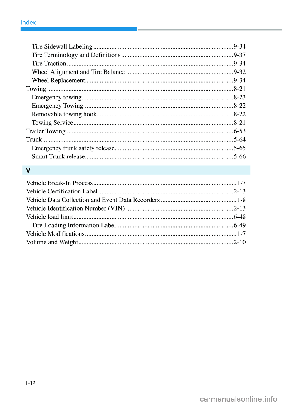 HYUNDAI ELANTRA HYBRID 2021  Owners Manual Index
I-12
 Tire Sidewall Labeling ........................................................................\
.............9-34
 Tire Terminology and Definitions .......................................