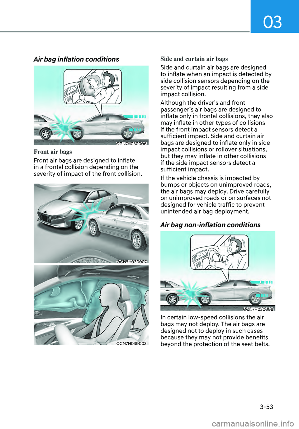 HYUNDAI ELANTRA HYBRID 2021  Owners Manual 03
3-53
Air bag inflation conditions
OCN7H030006
Front air bags
Front air bags are designed to inflate 
in a frontal collision depending on the 
severity of impact of the front collision.
OCN7H030007
