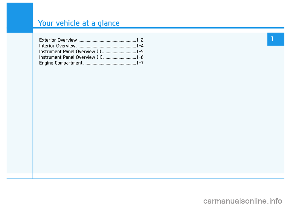 HYUNDAI ELANTRA GT 2020 User Guide Your vehicle at a glance
1
Your vehicle at a glance
Exterior Overview ..................................................1-2
Interior Overview ...................................................1-4
Ins