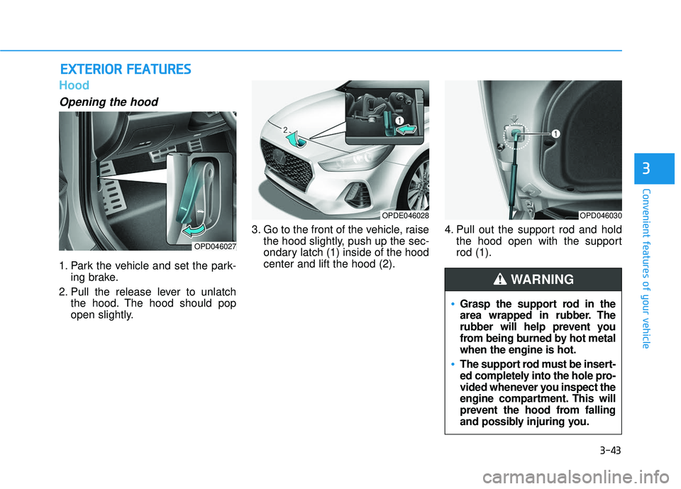 HYUNDAI ELANTRA GT 2020  Owners Manual 3-43
Convenient features of your vehicle
Hood
Opening the hood 
1. Park the vehicle and set the park-ing brake.
2. Pull the release lever to unlatch the hood. The hood should pop
open slightly. 3. Go 