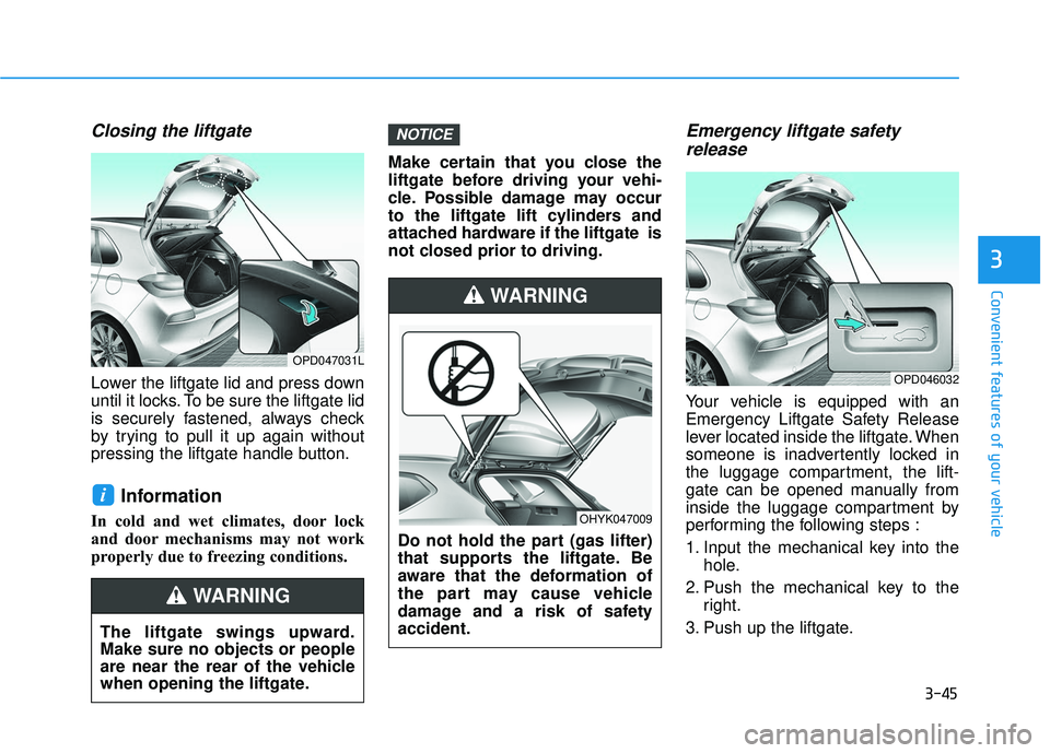 HYUNDAI ELANTRA GT 2020 Owners Manual 3-45
Convenient features of your vehicle
3
Closing the liftgate
Lower the liftgate lid and press down
until it locks. To be sure the liftgate lid
is securely fastened, always check
by trying to pull i HYUNDAI ELANTRA GT 2020 Owners Manual 3-45
Convenient features of your vehicle
3
Closing the liftgate
Lower the liftgate lid and press down
until it locks. To be sure the liftgate lid
is securely fastened, always check
by trying to pull i