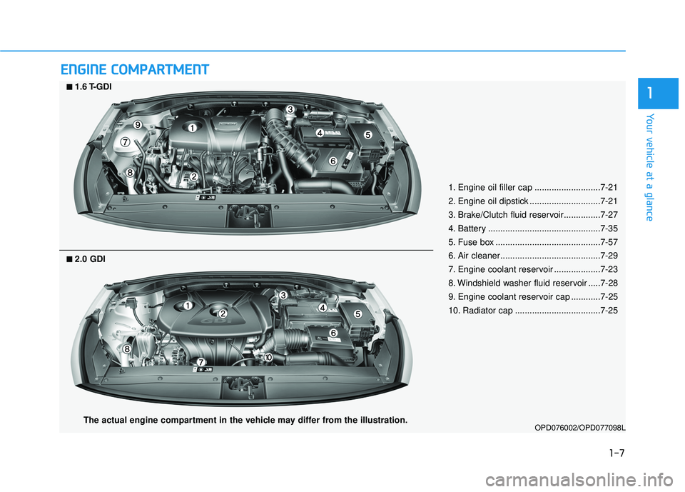 HYUNDAI ELANTRA GT 2020 User Guide 1-7
Your vehicle at a glance
1
E
EN
N G
GI
IN
N E
E 
 C
C O
O M
M P
PA
A R
RT
TM
M E
EN
N T
T
OPD076002/OPD077098L
■
■1.6 T-GDI
The actual engine compartment in the vehicle may differ from the ill