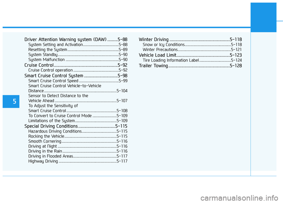 HYUNDAI ELANTRA GT 2020  Owners Manual 5
Driver Attention Warning system (DAW) .........5-88
System Setting and Activation.....................................5-88
Resetting the System .....................................................5