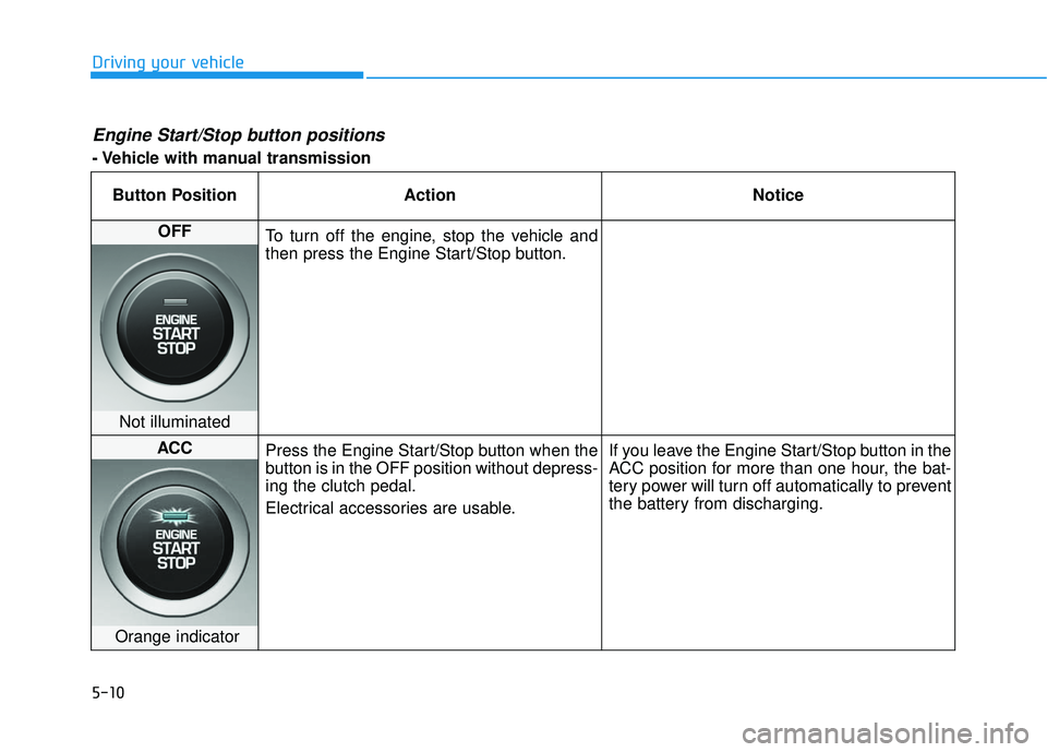 HYUNDAI ELANTRA GT 2020 Owners Manual 5-10
Driving your vehicle
Engine Start/Stop button positions
- Vehicle with manual transmissionButton Position Action Notice
OFF To turn off the engine, stop the vehicle and
then press the Engine Sta HYUNDAI ELANTRA GT 2020 Owners Manual 5-10
Driving your vehicle
Engine Start/Stop button positions
- Vehicle with manual transmissionButton Position Action Notice
OFF To turn off the engine, stop the vehicle and
then press the Engine Sta