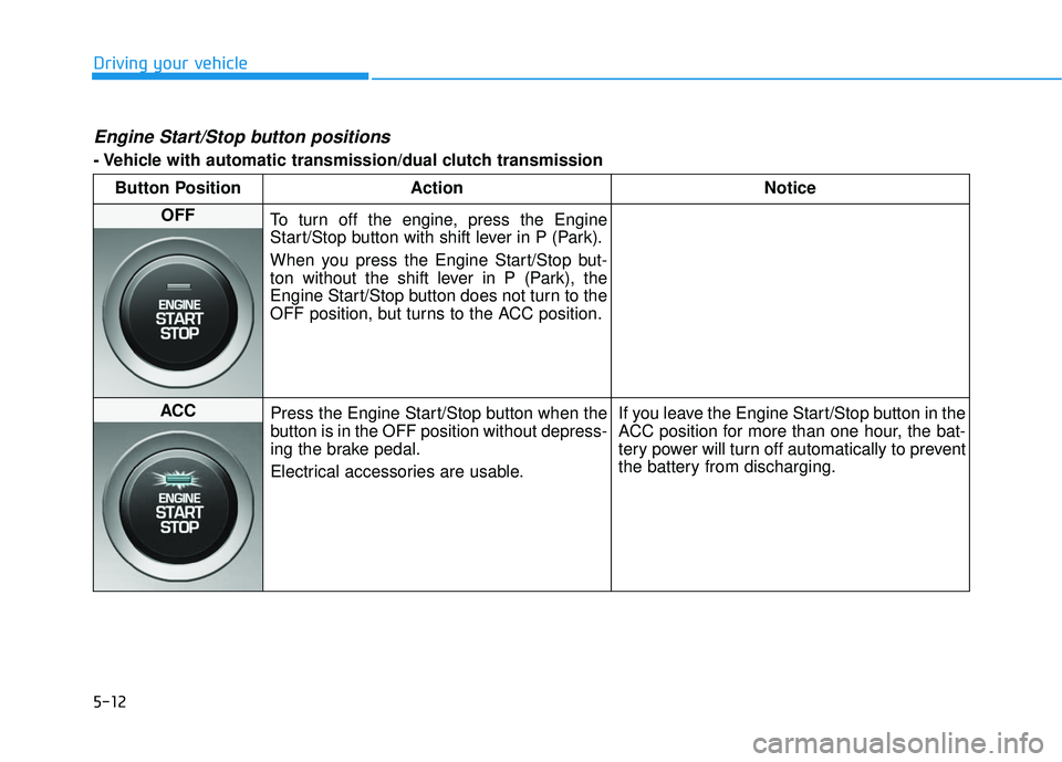 HYUNDAI ELANTRA GT 2020 Owners Manual 5-12
Driving your vehicle
Engine Start/Stop button positions
- Vehicle with automatic transmission/dual clutch transmissionButton Position Action Notice
OFF To turn off the engine, press the Engine
S HYUNDAI ELANTRA GT 2020 Owners Manual 5-12
Driving your vehicle
Engine Start/Stop button positions
- Vehicle with automatic transmission/dual clutch transmissionButton Position Action Notice
OFF To turn off the engine, press the Engine
S