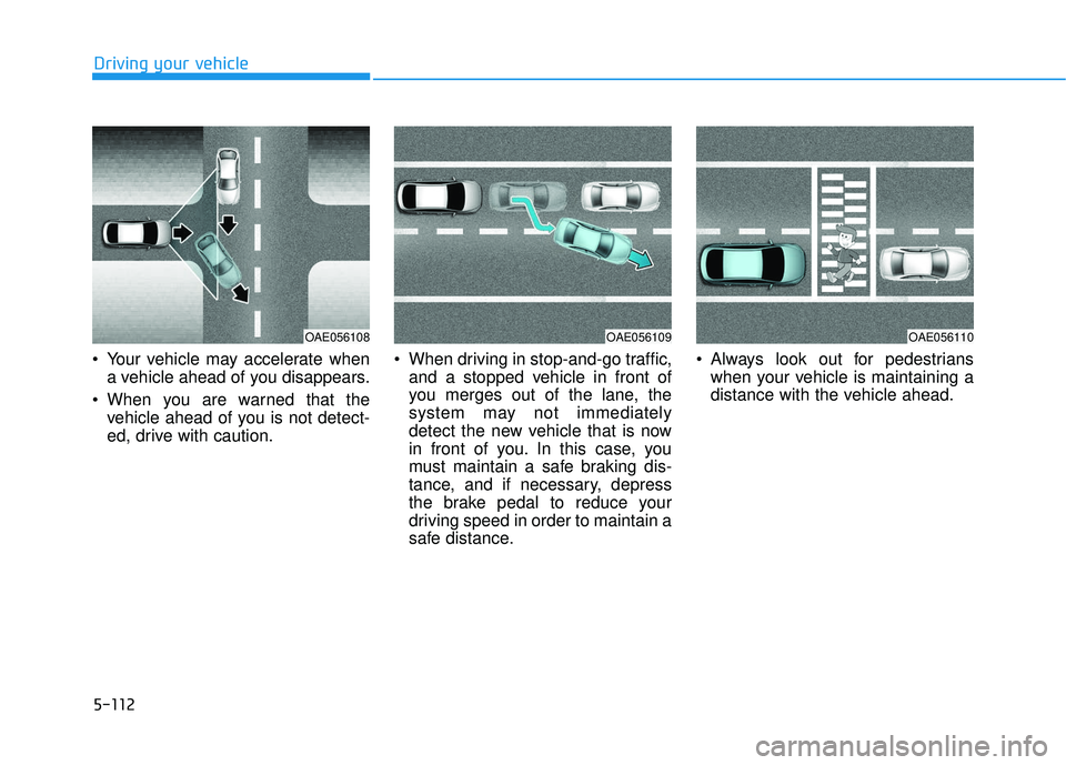 HYUNDAI ELANTRA GT 2020 Owners Manual 5-112
Driving your vehicle
Your vehicle may accelerate when a vehicle ahead of you disappears.
When you are warned that the vehicle ahead of you is not detect-
ed, drive with caution. When driving HYUNDAI ELANTRA GT 2020 Owners Manual 5-112
Driving your vehicle
Your vehicle may accelerate when a vehicle ahead of you disappears.
When you are warned that the vehicle ahead of you is not detect-
ed, drive with caution. When driving