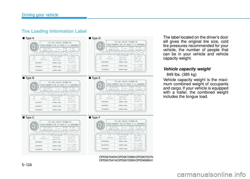 HYUNDAI ELANTRA GT 2020  Owners Manual 5-124
Driving your vehicle
Tire Loading Information Label
The label located on the drivers door
sill gives the original tire size, cold
tire pressures recommended for your
vehicle, the number of peop