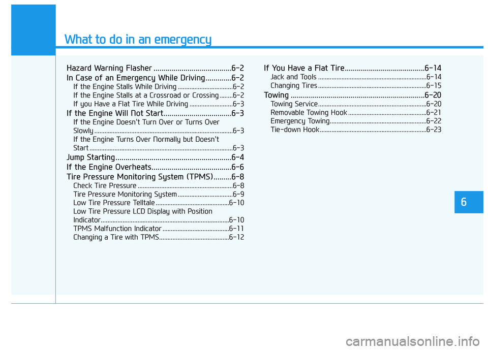 HYUNDAI ELANTRA GT 2020  Owners Manual What to do in an emergency
6
Hazard Warning Flasher .......................................6-2
In Case of an Emergency While Driving.............6-2
If the Engine Stalls While Driving ................