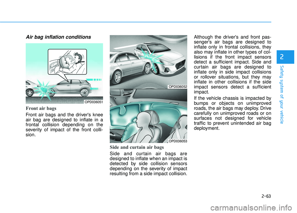 HYUNDAI ELANTRA GT 2020 Owners Manual 2-63
Safety system of your vehicle
2
Air bag inflation conditions
Front air bags
Front air bags and the drivers knee
air bag are designed to inflate in a
frontal collision depending on the
severity HYUNDAI ELANTRA GT 2020 Owners Manual 2-63
Safety system of your vehicle
2
Air bag inflation conditions
Front air bags
Front air bags and the drivers knee
air bag are designed to inflate in a
frontal collision depending on the
severity