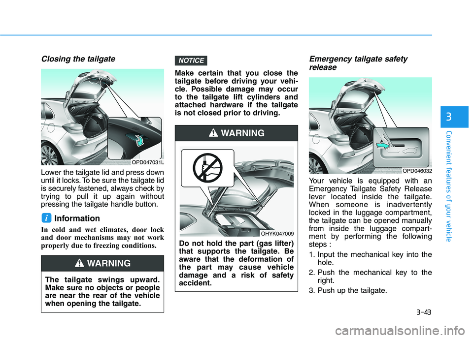 HYUNDAI ELANTRA GT 2019  Owners Manual 3-43
Convenient features of your vehicle
3
Closing the tailgate
Lower the tailgate lid and press down 
until it locks. To be sure the tailgate lid
is securely fastened, always check by
trying to pull 