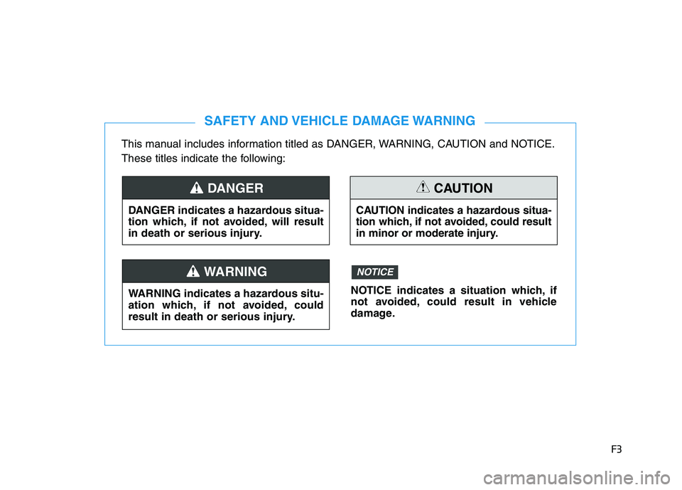 HYUNDAI ELANTRA GT 2019  Owners Manual F3
This manual includes information titled as DANGER, WARNING, CAUTION and NOTICE. 
These titles indicate the following:
SAFETY AND VEHICLE DAMAGE WARNING
DANGER indicates a hazardous situa- 
tion whi