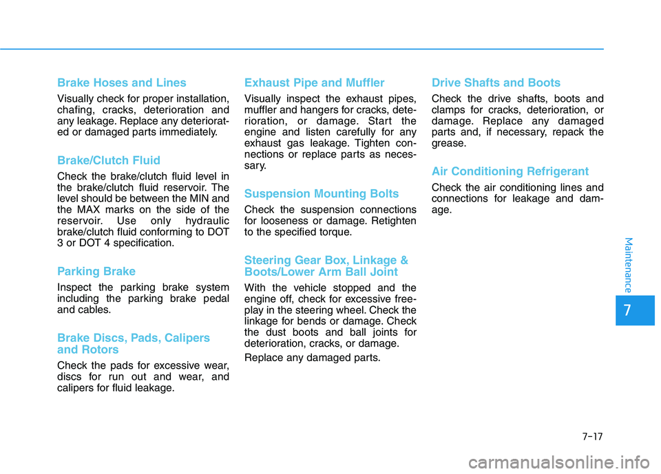 HYUNDAI ELANTRA GT 2019  Owners Manual 7-17
7
Maintenance
Brake Hoses and Lines
Visually check for proper installation, 
chafing, cracks, deterioration and
any leakage. Replace any deteriorat-
ed or damaged parts immediately.
Brake/Clutch 