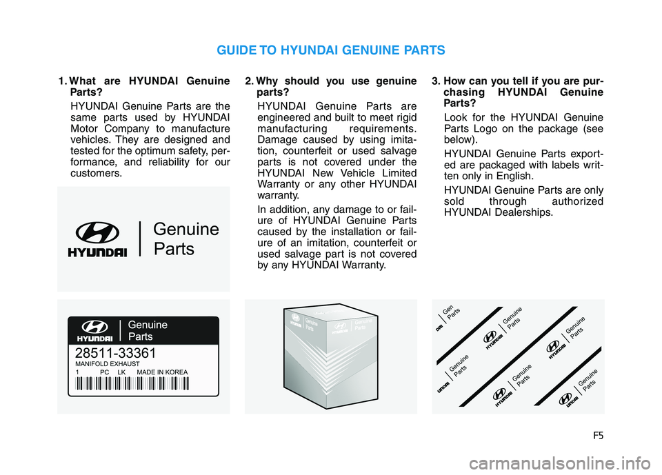 HYUNDAI ELANTRA GT 2019  Owners Manual F5
1. What are HYUNDAI Genuine
Parts?
HYUNDAI Genuine Parts are the 
same parts used by HYUNDAI
Motor Company to manufacture
vehicles. They are designed and
tested for the optimum safety, per-
formanc