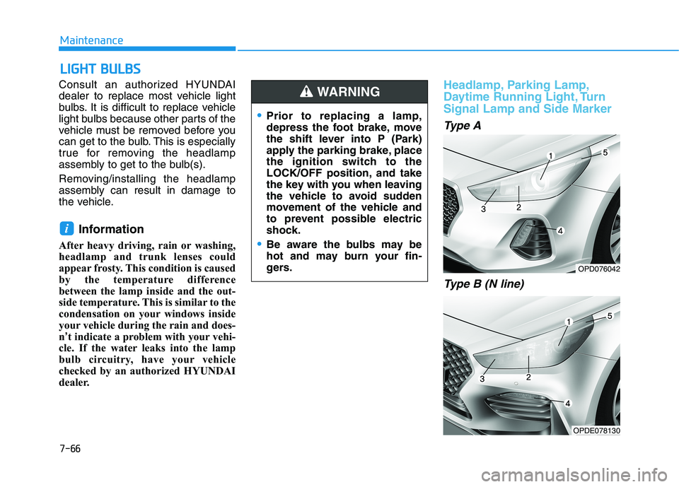 HYUNDAI ELANTRA GT 2019  Owners Manual 7-66
MaintenanceL
L IIGG HH TT  BB UU LLBB SS
Consult an authorized HYUNDAI 
dealer to replace most vehicle light
bulbs. It is difficult to replace vehicle
light bulbs because other parts of the
vehic