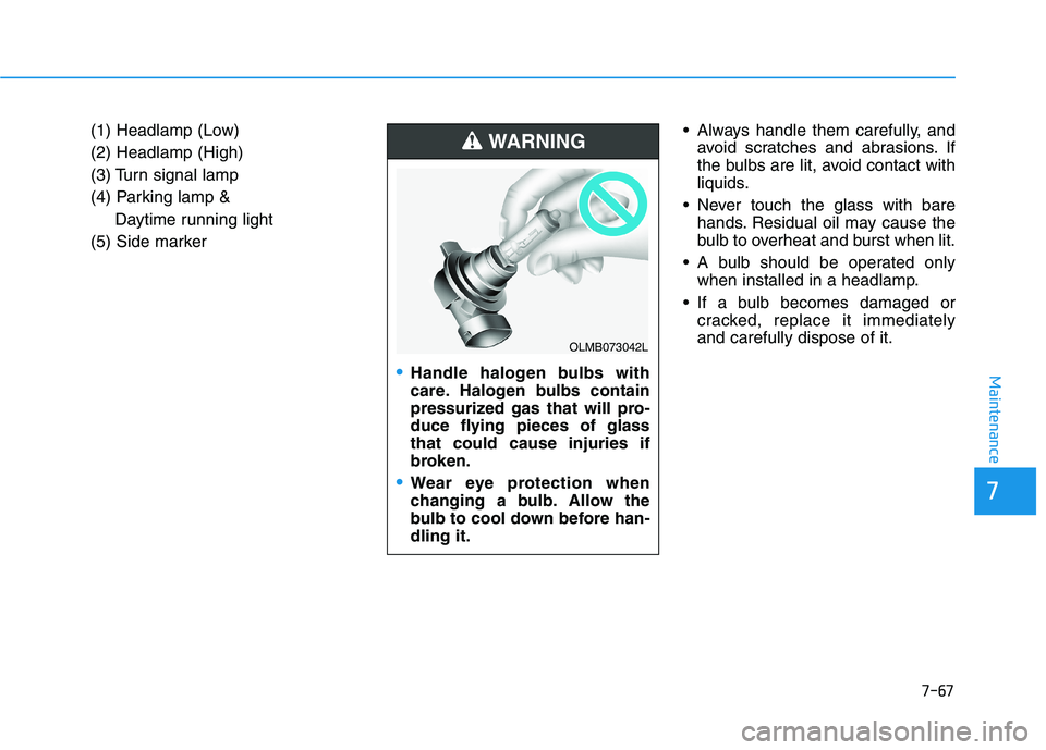 HYUNDAI ELANTRA GT 2019  Owners Manual 7-67
7
Maintenance
(1) Headlamp (Low) (2) Headlamp (High)
(3) Turn signal lamp
(4) Parking lamp & Daytime running light
(5) Side marker  Always handle them carefully, and
avoid scratches and abrasions