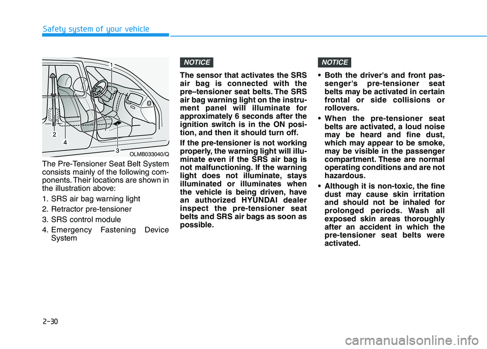 HYUNDAI ELANTRA GT 2019  Owners Manual 2-30
Safety system of your vehicle
The Pre-Tensioner Seat Belt System 
consists mainly of the following com-
ponents. Their locations are shown in
the illustration above: 
1. SRS air bag warning light