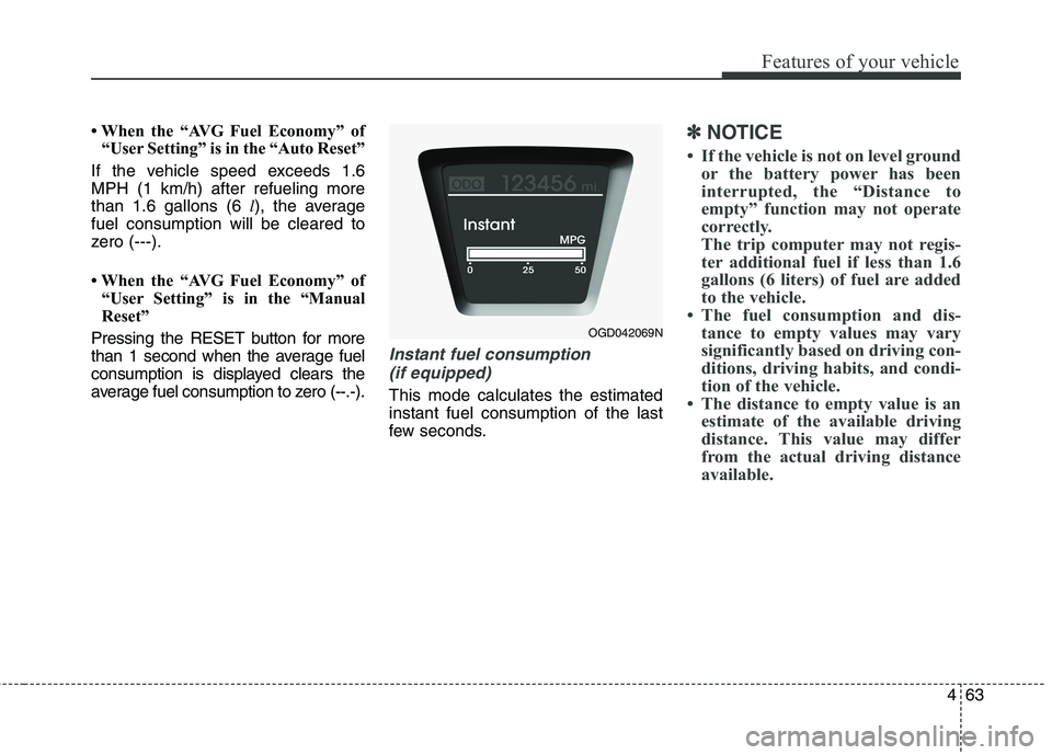 HYUNDAI ELANTRA GT 2014 Owners Manual 463
Features of your vehicle
• When the “AVG Fuel Economy” of
“User Setting” is in the “Auto Reset”
If the vehicle speed exceeds 1.6
MPH (1 km/h) after refueling more
than 1.6 gallons (6 HYUNDAI ELANTRA GT 2014 Owners Manual 463
Features of your vehicle
• When the “AVG Fuel Economy” of
“User Setting” is in the “Auto Reset”
If the vehicle speed exceeds 1.6
MPH (1 km/h) after refueling more
than 1.6 gallons (6