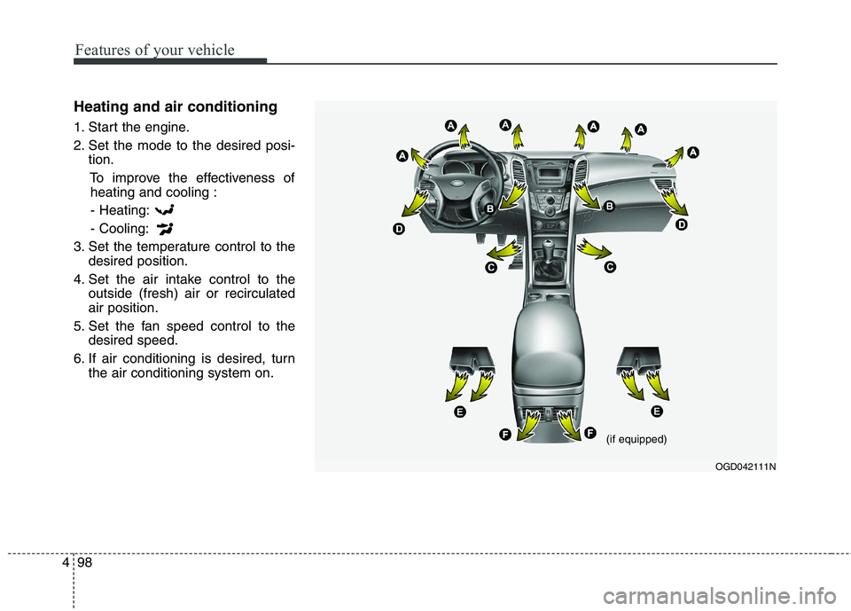 HYUNDAI ELANTRA GT 2014  Owners Manual Features of your vehicle
98 4
Heating and air conditioning
1. Start the engine.
2. Set the mode to the desired posi-
tion.
To improve the effectiveness of
heating and cooling :
- Heating:
- Cooling:
3