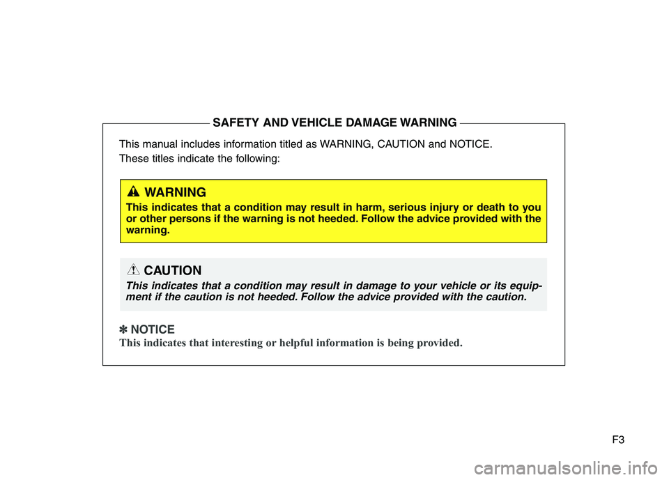 HYUNDAI ELANTRA GT 2014  Owners Manual F3 This manual includes information titled as WARNING, CAUTION and NOTICE.
These titles indicate the following:
✽ ✽ 
 
NOTICE
This indicates that interesting or helpful information is being provid