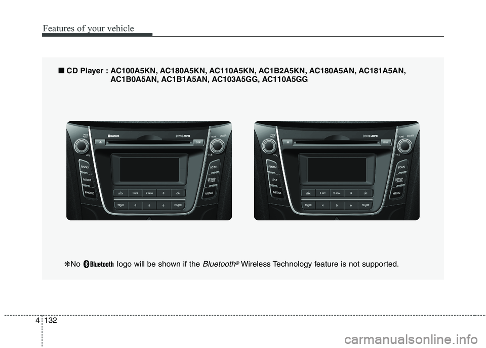 HYUNDAI ELANTRA GT 2014 Owners Manual Features of your vehicle
132 4
■
■
CD Player : AC100A5KN, AC180A5KN, AC110A5KN, AC1B2A5KN, AC180A5AN, AC181A5AN,
AC1B0A5AN, AC1B1A5AN, AC103A5GG, AC110A5GG
❋No logo will be shown if the Bluetoo HYUNDAI ELANTRA GT 2014 Owners Manual Features of your vehicle
132 4
■
■
CD Player : AC100A5KN, AC180A5KN, AC110A5KN, AC1B2A5KN, AC180A5AN, AC181A5AN,
AC1B0A5AN, AC1B1A5AN, AC103A5GG, AC110A5GG
❋No logo will be shown if the Bluetoo