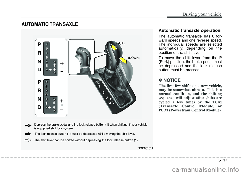 HYUNDAI ELANTRA GT 2014  Owners Manual 517
Driving your vehicle
Automatic transaxle operation
The automatic transaxle has 6 for-
ward speeds and one reverse speed.
The individual speeds are selected
automatically, depending on the
position