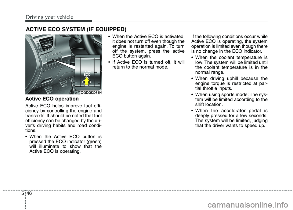 HYUNDAI ELANTRA GT 2014 Owners Manual Driving your vehicle
46 5
Active ECO operation
Active ECO helps improve fuel effi-
ciency by controlling the engine and
transaxle. It should be noted that fuel
efficiency can be changed by the dri-
ve HYUNDAI ELANTRA GT 2014 Owners Manual Driving your vehicle
46 5
Active ECO operation
Active ECO helps improve fuel effi-
ciency by controlling the engine and
transaxle. It should be noted that fuel
efficiency can be changed by the dri-
ve