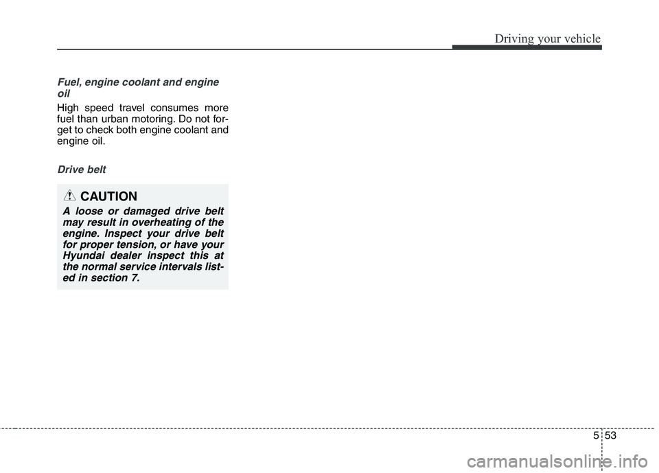 HYUNDAI ELANTRA GT 2014 Owners Manual 553
Driving your vehicle
Fuel, engine coolant and engine
oil
High speed travel consumes more
fuel than urban motoring. Do not for-
get to check both engine coolant and
engine oil.
Drive belt
CAUTION
A HYUNDAI ELANTRA GT 2014 Owners Manual 553
Driving your vehicle
Fuel, engine coolant and engine
oil
High speed travel consumes more
fuel than urban motoring. Do not for-
get to check both engine coolant and
engine oil.
Drive belt
CAUTION
A