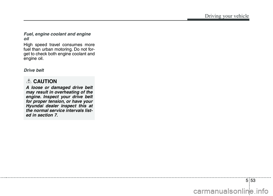 HYUNDAI ELANTRA GT 2014  Owners Manual 553
Driving your vehicle
Fuel, engine coolant and engine
oil
High speed travel consumes more
fuel than urban motoring. Do not for-
get to check both engine coolant and
engine oil.
Drive belt
CAUTION
A