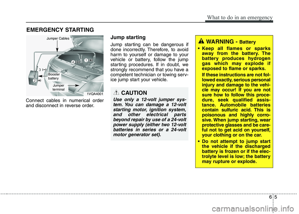 HYUNDAI ELANTRA GT 2014 Owners Manual 65
What to do in an emergency
EMERGENCY STARTING
Connect cables in numerical order
and disconnect in reverse order.
Jump starting
Jump starting can be dangerous if
done incorrectly. Therefore, to avoi HYUNDAI ELANTRA GT 2014 Owners Manual 65
What to do in an emergency
EMERGENCY STARTING
Connect cables in numerical order
and disconnect in reverse order.
Jump starting
Jump starting can be dangerous if
done incorrectly. Therefore, to avoi