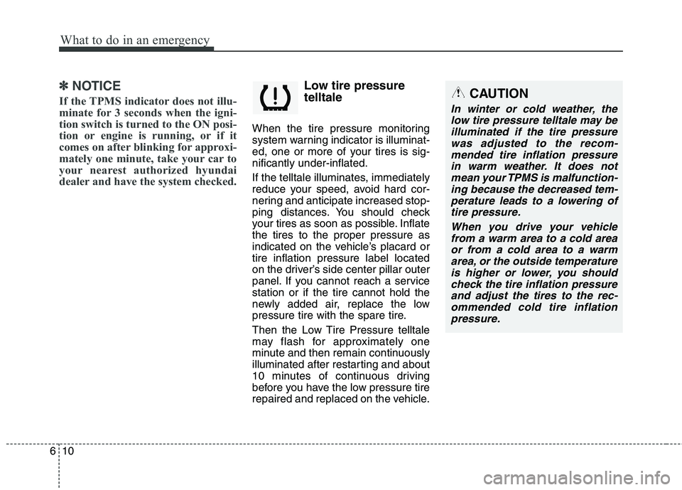 HYUNDAI ELANTRA GT 2014  Owners Manual What to do in an emergency
10 6
✽
✽
NOTICE
If the TPMS indicator does not illu-
minate for 3 seconds when the igni-
tion switch is turned to the ON posi-
tion or engine is running, or if it
comes 