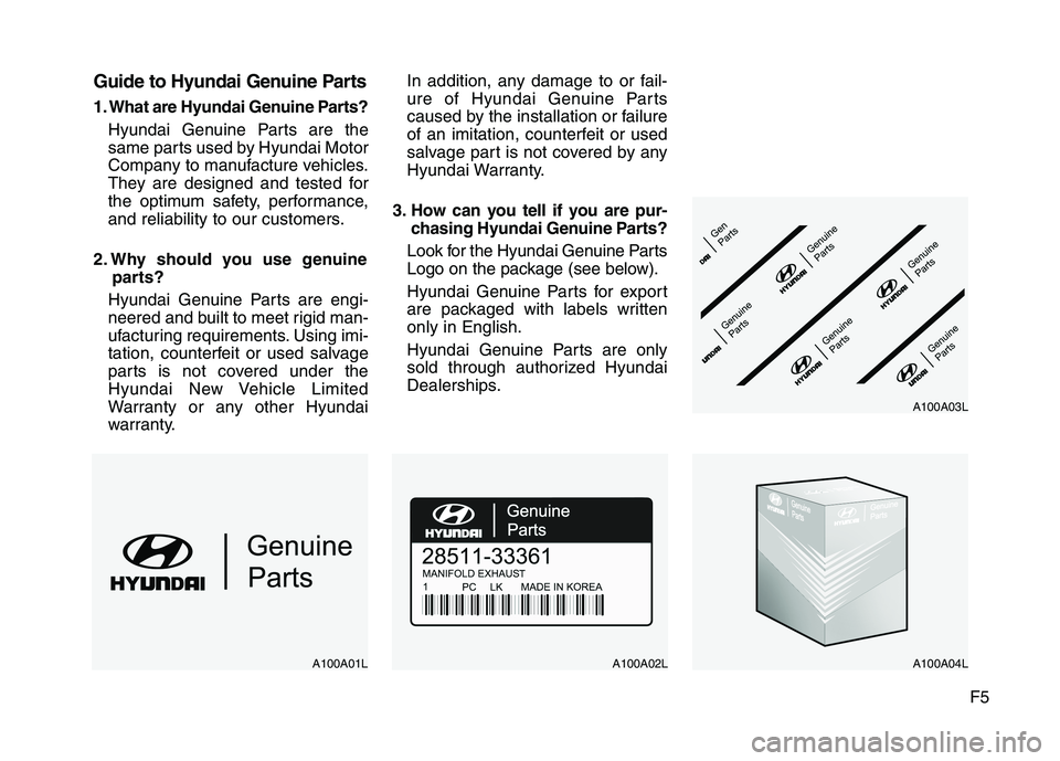 HYUNDAI ELANTRA GT 2014 Owners Manual F5
Guide to Hyundai Genuine Parts
1. What are Hyundai Genuine Parts?
Hyundai Genuine Parts are the
same parts used by Hyundai Motor
Company to manufacture vehicles.
They are designed and tested for
th HYUNDAI ELANTRA GT 2014 Owners Manual F5
Guide to Hyundai Genuine Parts
1. What are Hyundai Genuine Parts?
Hyundai Genuine Parts are the
same parts used by Hyundai Motor
Company to manufacture vehicles.
They are designed and tested for
th