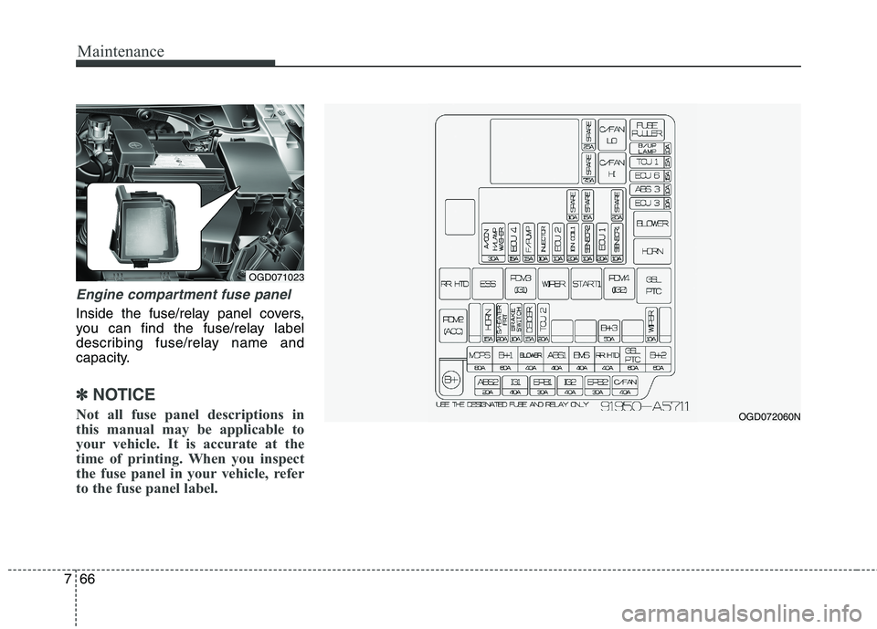 HYUNDAI ELANTRA GT 2014  Owners Manual Maintenance
66 7
Engine compartment fuse panel 
Inside the fuse/relay panel covers,
you can find the fuse/relay label
describing fuse/relay name and
capacity.
✽ ✽
NOTICE
Not all fuse panel descrip