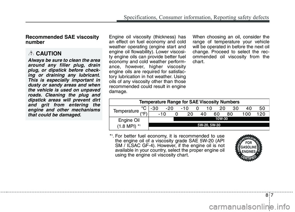 HYUNDAI ELANTRA GT 2014  Owners Manual 87
Specifications, Consumer information, Reporting safety defects
Recommended SAE viscosity
numberEngine oil viscosity (thickness) has
an effect on fuel economy and cold
weather operating (engine star