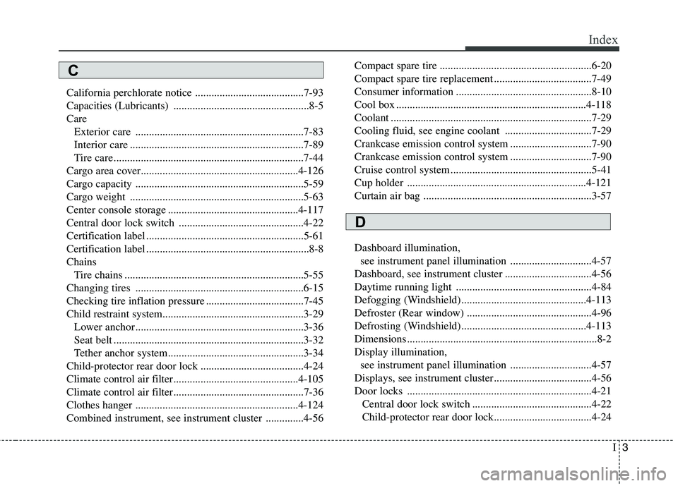 HYUNDAI ELANTRA GT 2014  Owners Manual I3
Index
California perchlorate notice ........................................7-93
Capacities (Lubricants) ..................................................8-5
Care
Exterior care ...................