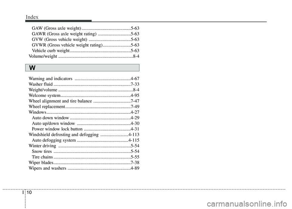 HYUNDAI ELANTRA GT 2014 Owners Manual Index
10I
GAW (Gross axle weight) ..........................................5-63
GAWR (Gross axle weight rating) ............................5-63
GVW (Gross vehicle weight) ........................... HYUNDAI ELANTRA GT 2014 Owners Manual Index
10I
GAW (Gross axle weight) ..........................................5-63
GAWR (Gross axle weight rating) ............................5-63
GVW (Gross vehicle weight) ...........................