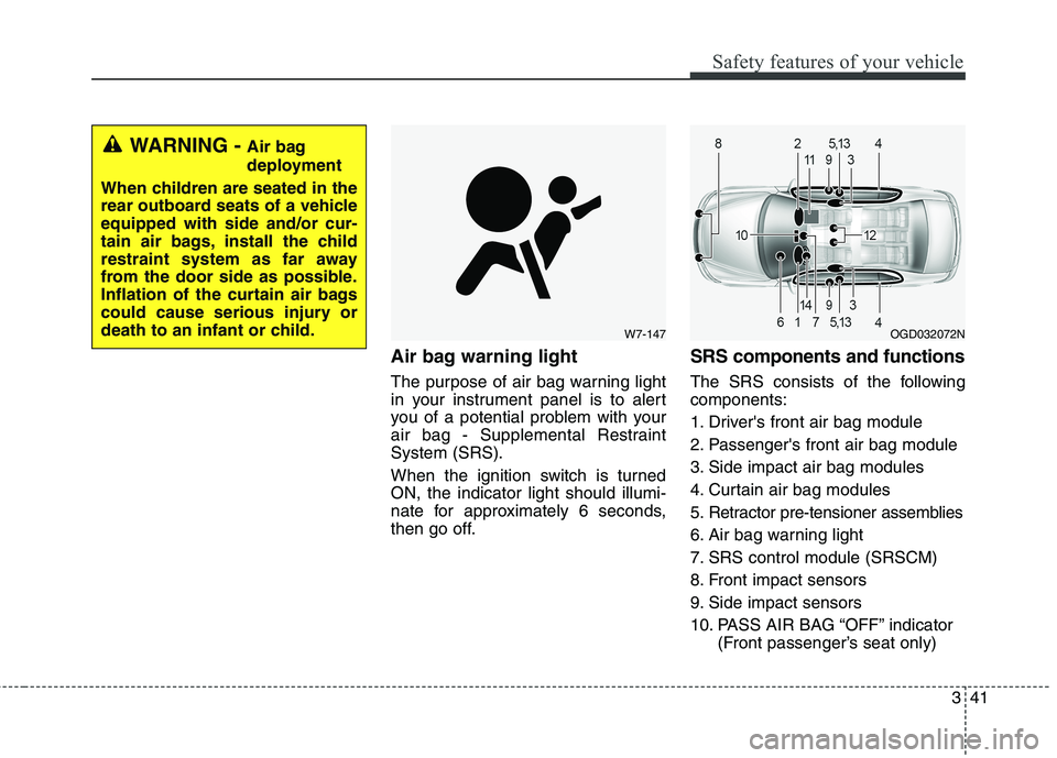 HYUNDAI ELANTRA GT 2014  Owners Manual 341
Safety features of your vehicle
Air bag warning light
The purpose of air bag warning light
in your instrument panel is to alert
you of a potential problem with your
air bag - Supplemental Restrain