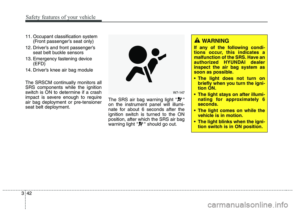 HYUNDAI ELANTRA GT 2014  Owners Manual Safety features of your vehicle
42 3
11. Occupant classification system
(Front passenger’s seat only)
12. Driver’s and front passenger’s
seat belt buckle sensors
13. Emergency fastening device
(