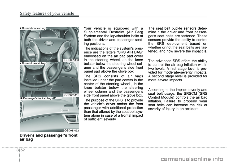 HYUNDAI ELANTRA GT 2014 Manual PDF Safety features of your vehicle
52 3
Drivers and passengers front
air bag
Your vehicle is equipped with a
Supplemental Restraint (Air Bag)
System and the lap/shoulder belts at
both the driver and pa