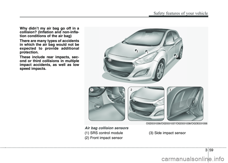 HYUNDAI ELANTRA GT 2014 Manual PDF 359
Safety features of your vehicle
Why didn’t my air bag go off in a
collision? (Inflation and non-infla-
tion conditions of the air bag)
There are many types of accidents
in which the air bag woul