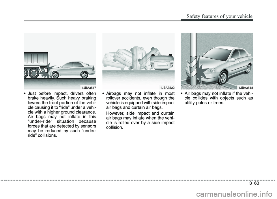 HYUNDAI ELANTRA GT 2014 Manual Online 363
Safety features of your vehicle
 Just before impact, drivers often
brake heavily. Such heavy braking
lowers the front portion of the vehi-
cle causing it to “ride” under a vehi-
cle with a hig