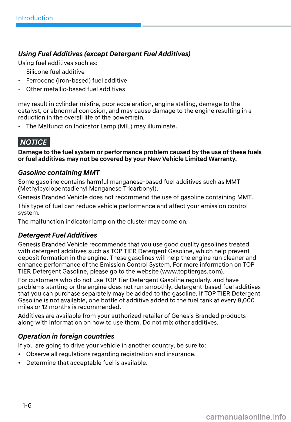 HYUNDAI GENESIS G70 2022  Owners Manual Introduction
1-6
Using Fuel Additives (except Detergent Fuel Additives)
Using fuel additives such as:
  - Silicone fuel additive
  - Ferrocene (iron-based) fuel additive
  - Other metallic-based fuel 