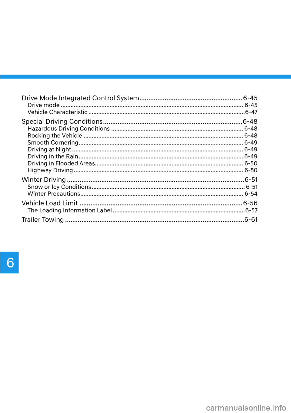 HYUNDAI GENESIS G70 2022  Owners Manual 6
Drive Mode Integrated Control System ......................................................... 6-45Drive mode ........................................................................................