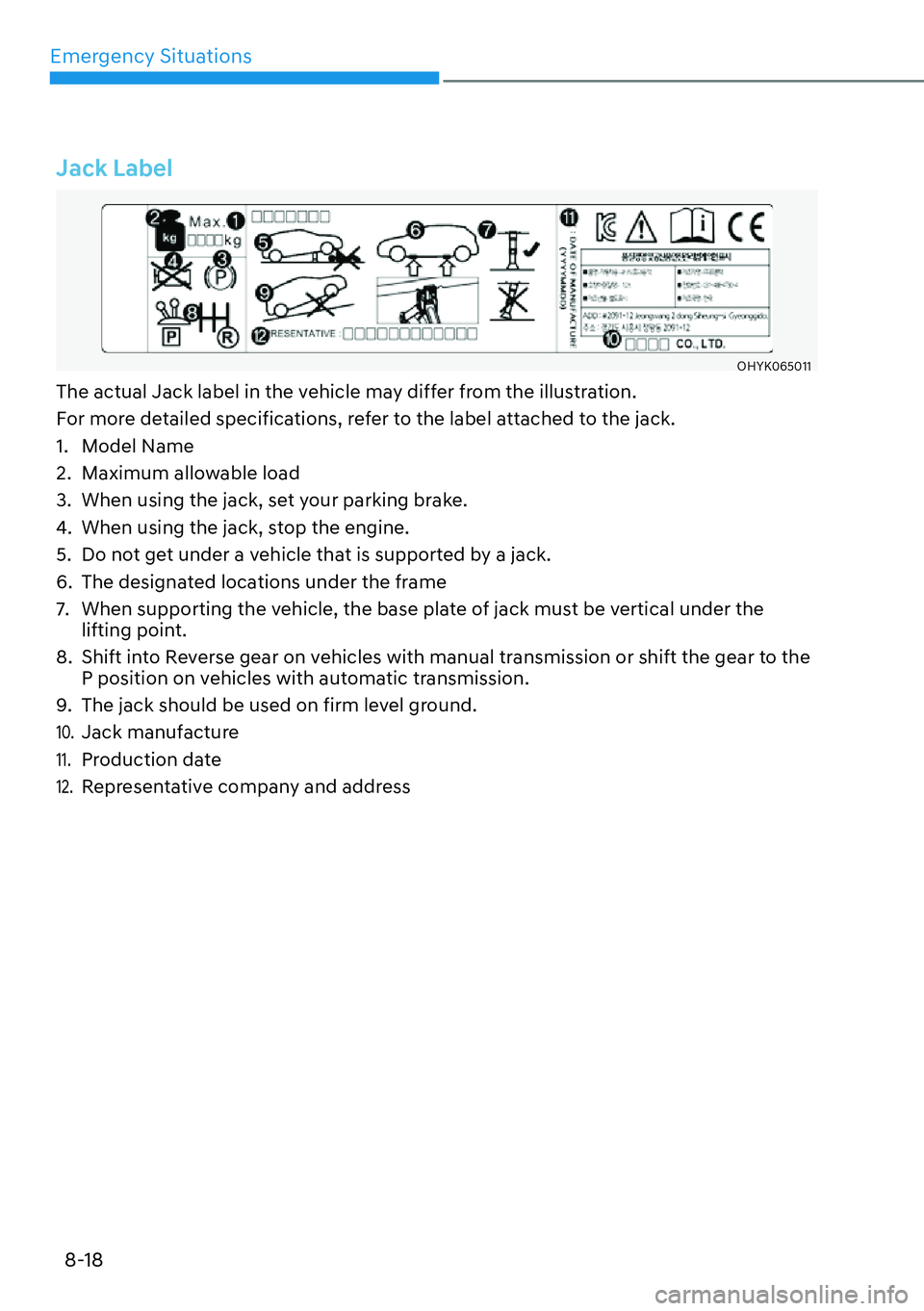 HYUNDAI GENESIS G70 2022  Owners Manual Emergency Situations
8-18
Jack Label
OHYK065011
The actual Jack label in the vehicle may differ from the illustration.
For more detailed specifications, refer to the label attached to the jack.
1. Mod