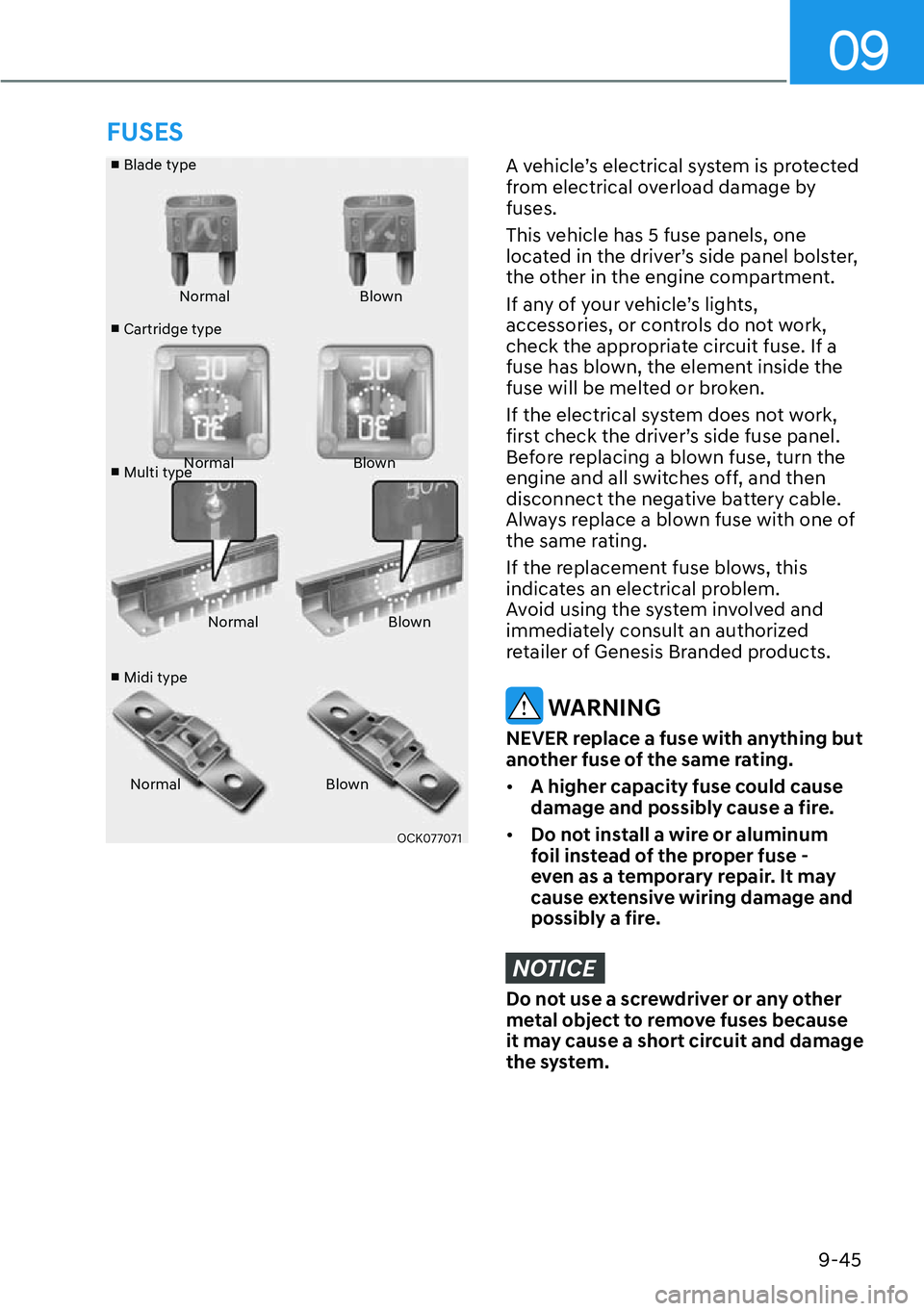 HYUNDAI GENESIS G70 2022  Owners Manual 09
9-45
FUSES
v
 Blade type
v
 Cartridge type
v
 Multi type
v
 Midi typeNormal Blown
Normal Blown
Normal Blown
Normal Blown
OCK077071
A vehicle’s electrical system is protected 
from electrical 