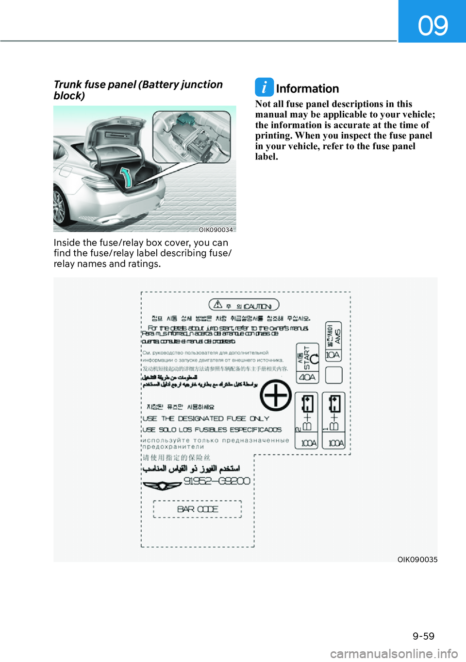 HYUNDAI GENESIS G70 2022  Owners Manual 09
9-59
Trunk fuse panel (Battery junction 
block)
OIK090034
Inside the fuse/relay box cover, you can 
find the fuse/relay label describing fuse/
relay names and ratings.
 Information
Not all fuse pan