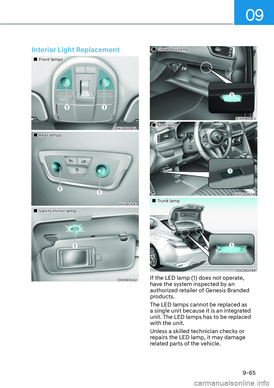 HYUNDAI GENESIS G70 2022  Owners Manual 09
9-65
Interior Light Replacement
��„Front lamps
OIK090040L
��„Rear lamps
OIK090041
��„Vanity mirror lamp
OIK090042
��„Glove box lamp
OIK090043
��„Foot lamp
OIK050043N
��„Trunk lamp