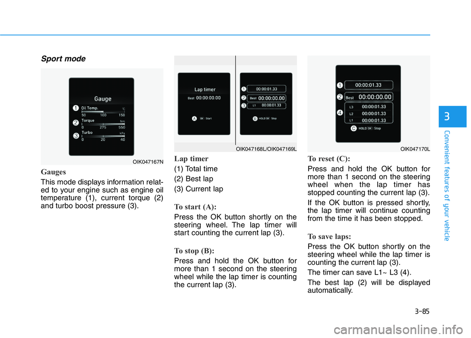 HYUNDAI GENESIS G70 2021  Owners Manual 3-85
Convenient features of your vehicle
3
Sport mode
Gauges
This mode displays information relat-
ed to your engine such as engine oil
temperature (1), current torque (2)
and turbo boost pressure (3)